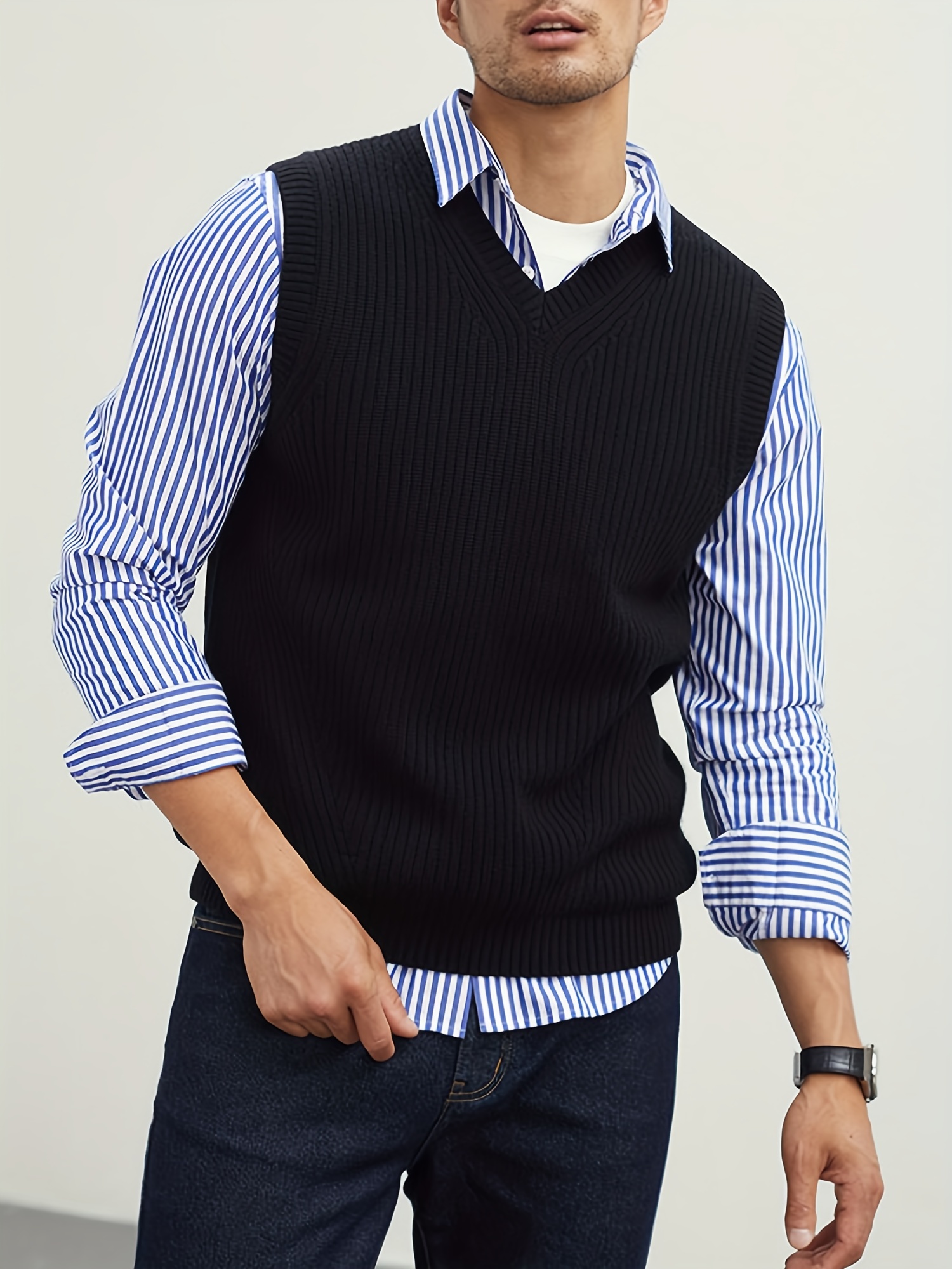 mens v neck sweater vest pullover solid color sleeveless sweaters vest preppy style details 34