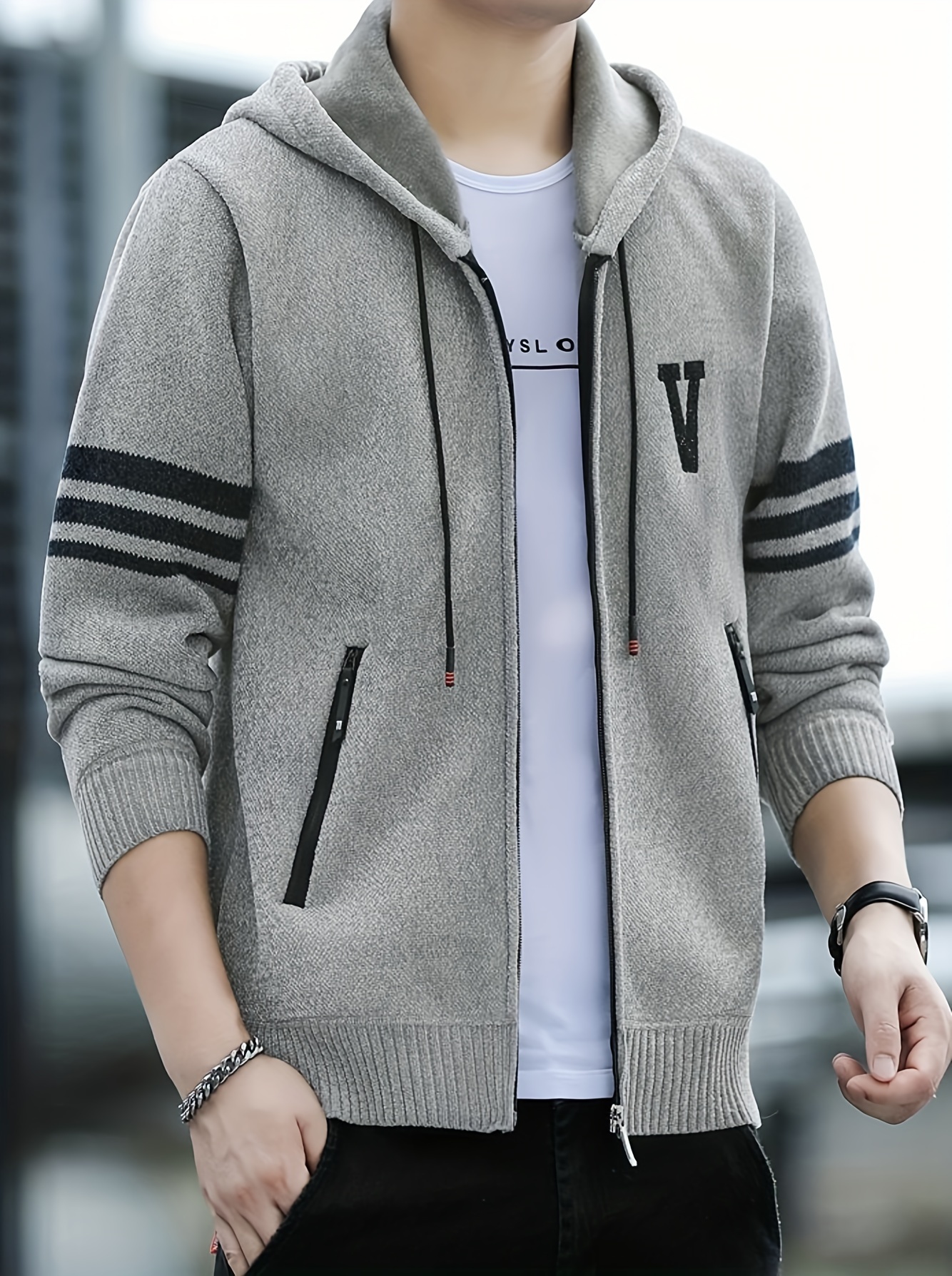 mens striped fleece hooded cardigan casual slightly stretch breathable zip up thermal jacket for fall winter outdoor details 4