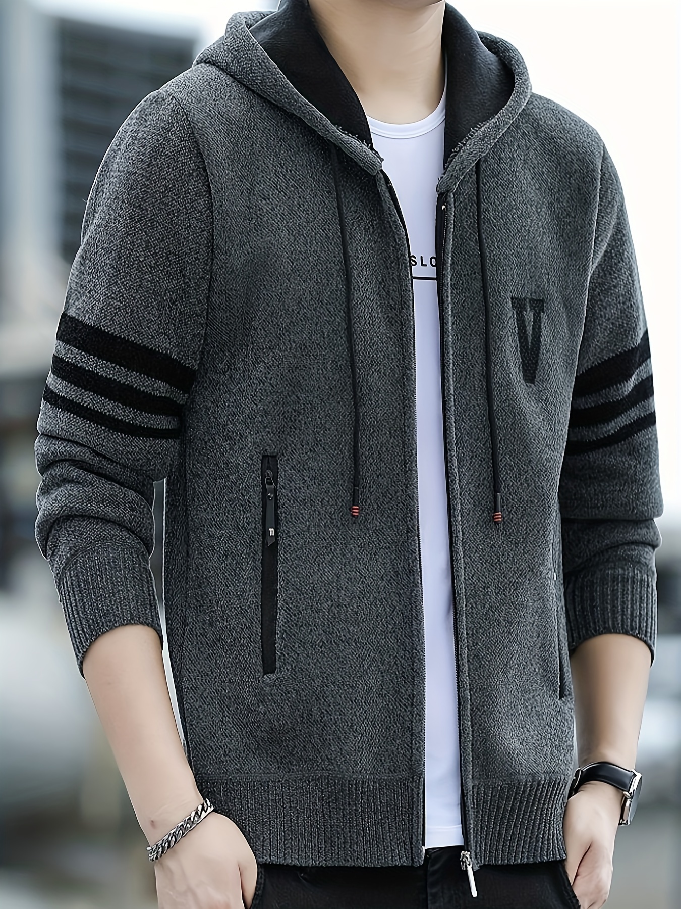 mens striped fleece hooded cardigan casual slightly stretch breathable zip up thermal jacket for fall winter outdoor details 10