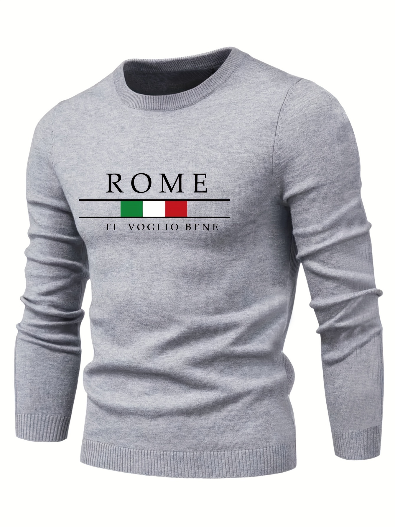 rome print mens casual stretch long sleeve knitted round neck sweater spring fall pullover top details 2