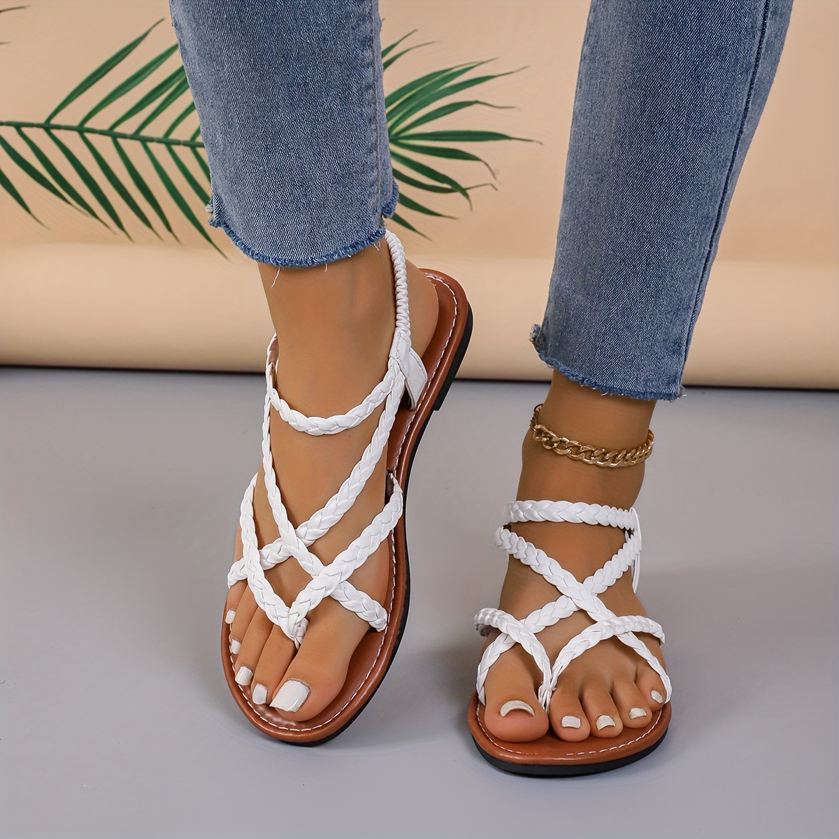 womens braided thong sandals casual elastic strap flat summer shoes lightweight beach shoes details 5